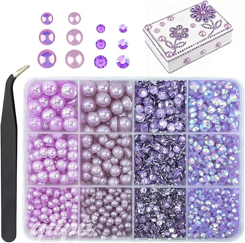 qiipii Light Purple 3mm-8mm Flatback Pearls and Resin Rhinestones for Bedazzling Crafting Half Pearls Jelly Stones Diamonds Gems Bedazzler Kit for Nails Face Eyes Makeup Tumblers Bottles DIY Crafts