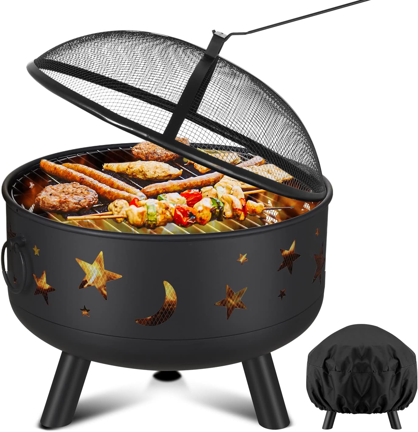 COOS BAY 24 Inch Round Wood Burning Outdoor Fire Pit, Sky Stars and Moons Firepit Bowl with Spark Screen, Cover and Poker