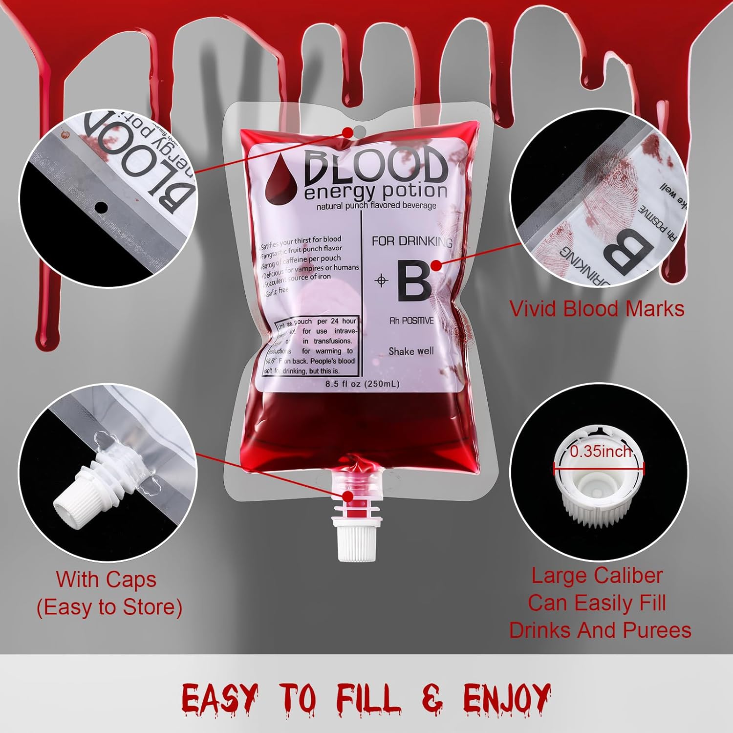 Condition photo showing As Is for nuenen 60 pcs blood bags for drinks, 8.5 oz anti-leak bags with cap ghost-themed party drink pouches, reusable for nurse graduation party