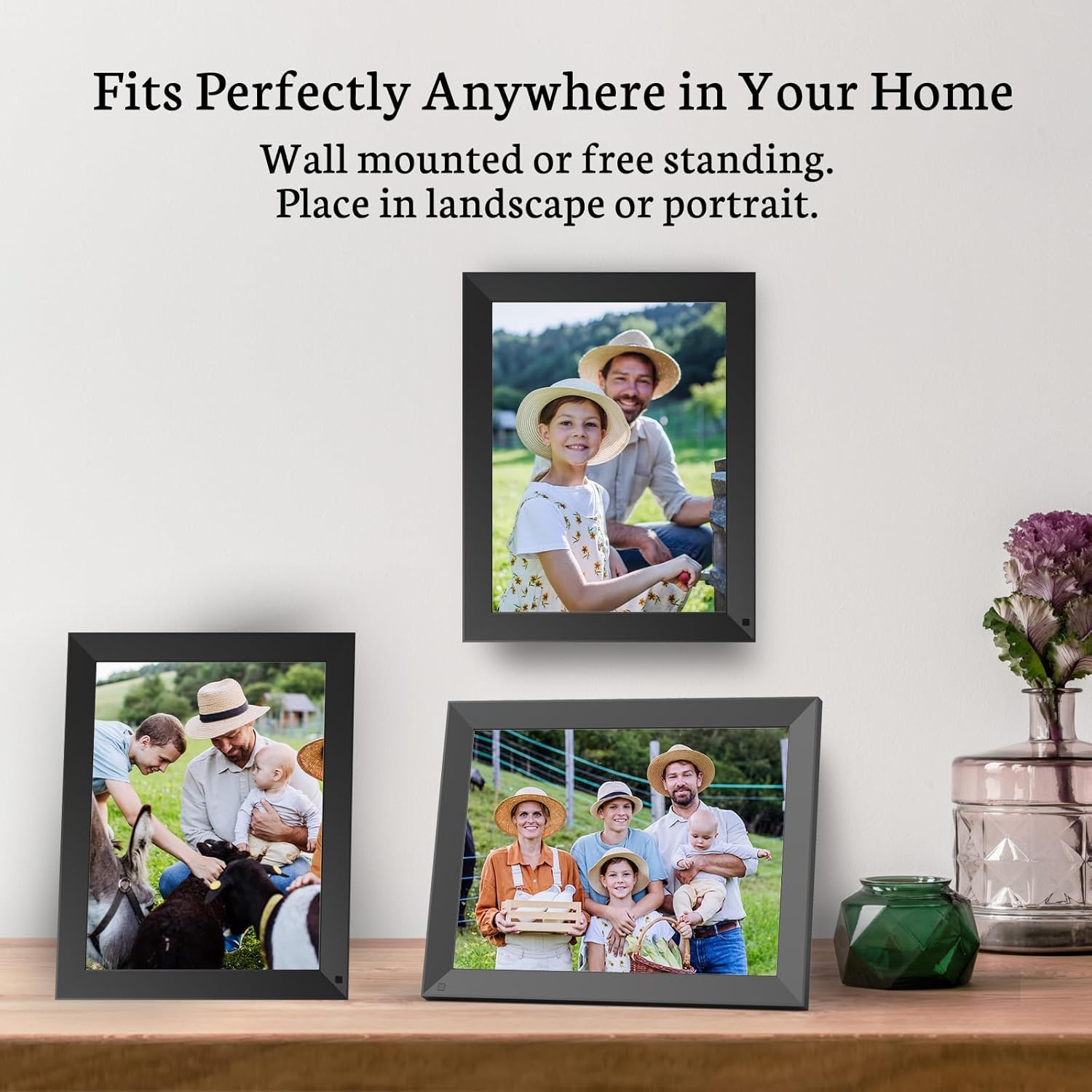 Digital picture frames displayed in various orientations: wall-mounted, free-standing, landscape, and portrait