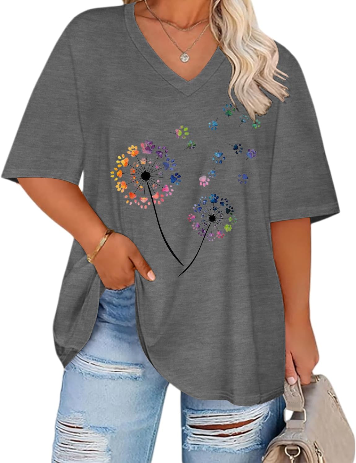 HDLTE Plus Size Tops for Women Oversized Graphic Tshirt V Neck Summer Tees Short Sleeve Casual Loose Fit Blouses
