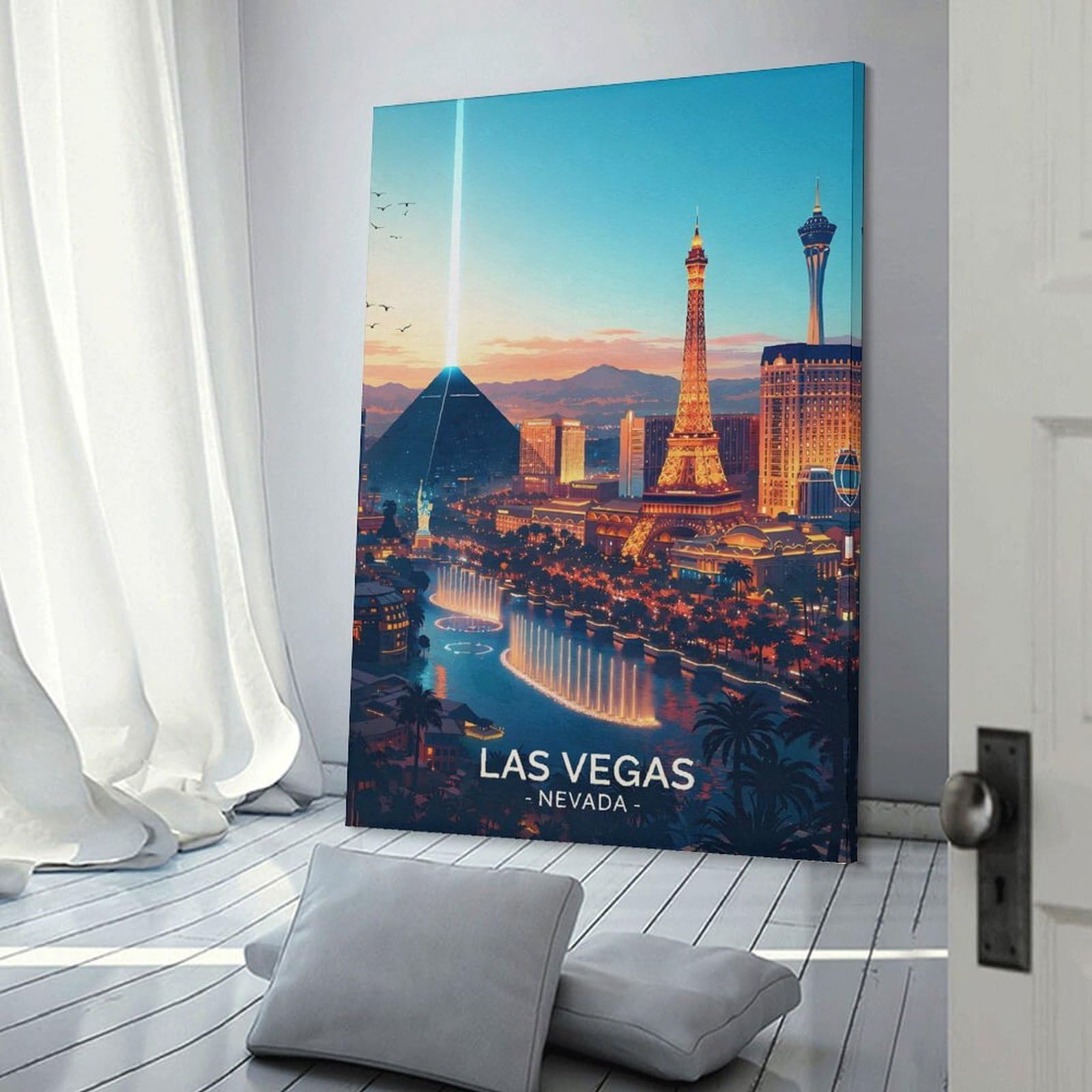 Junmoney Frame-Style-18 Hanging Wall Art Las Vegas Strip At Dusk, 24X36inch(60X90cm), For Gallery Wall Layouts In Home Or Office, An Easy Match For Collected Prints