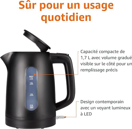 Amazon Basics Bouilloire Électrique 1,7L, 2200 W, Sans BPA avec Base 360°, Arrêt Automatique et Filtre Anti-Calcaire Amovible, Noir Mat - 2