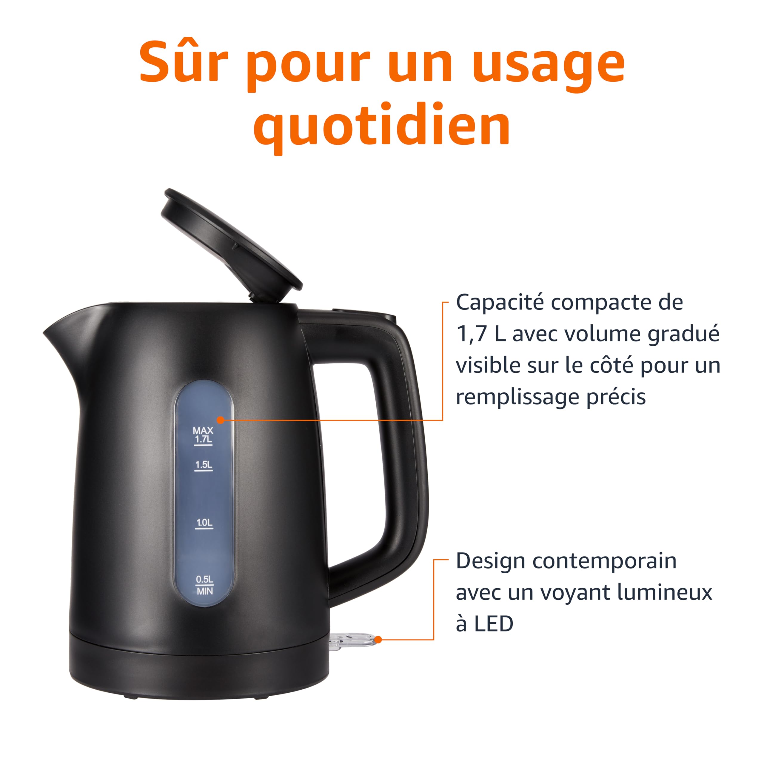 Amazon Basics Bouilloire Électrique 1,7L 2200W Sans BPA Base 360° Noir Mat