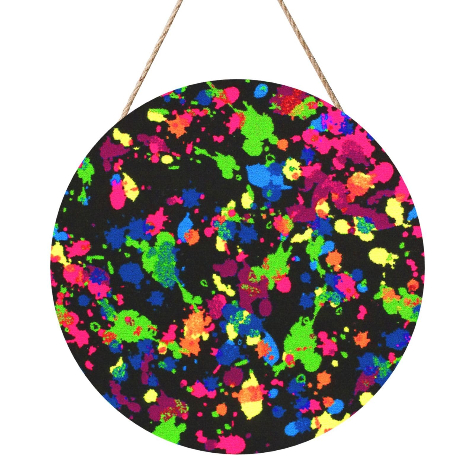 InOmak Rainbow Of Neon Paint Splatters, Round Wood Panel Painting 12 in, Wall Hanging Painting For Home