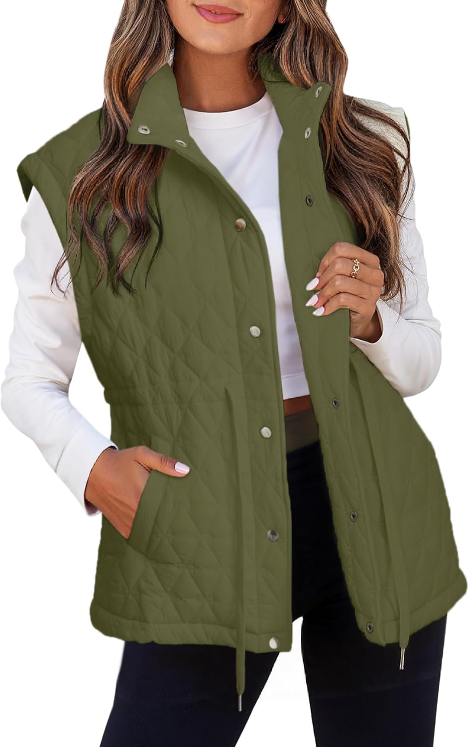 Glamaker Womens Lightweight Puffer Vest Casual Loose Sleeveless Quilted Jackets Hight Waist Drawstring Outerwear Vests