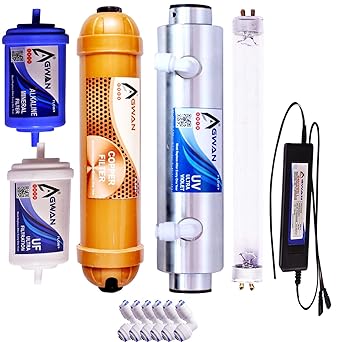 GWAN H TECH India Heavy Stainless Steel UV Barrel , 1, Chamber Set 1, UV Light , Lamp with Choke 1 UF Membrane 4 - ?inch,1 Mineral 4 - ?inch,1copper Mineral 8 - ? inch, and elbow, Suitable for All Other RO Water Purifier, (UV Barrel 2 Year Warranty) (Made in India)