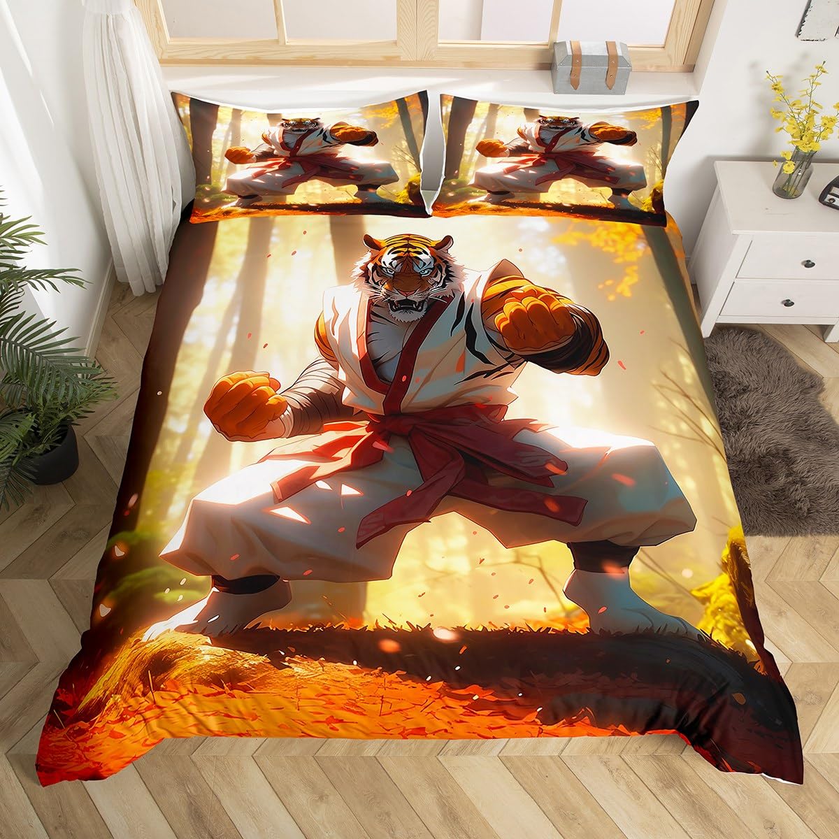 Manfei Cartoon Tiger Decorations Beddding,Kung Fu Theme Duvet Cover for All Season,Wildlife Animals Kids Bedroom Decor Comforter Cover (No Filler) Full Size,3PCS