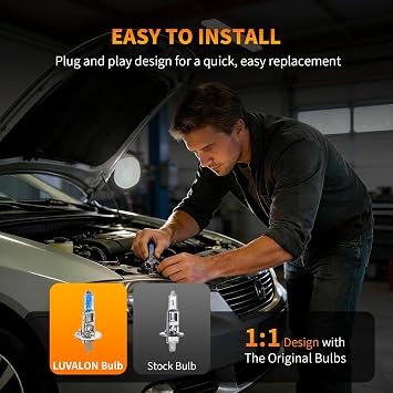 H1 Headlight Bulb H1 Bulb Halogen 12V 55W Long Life High Performance Cool Bright Plug and Play Pack of 2
