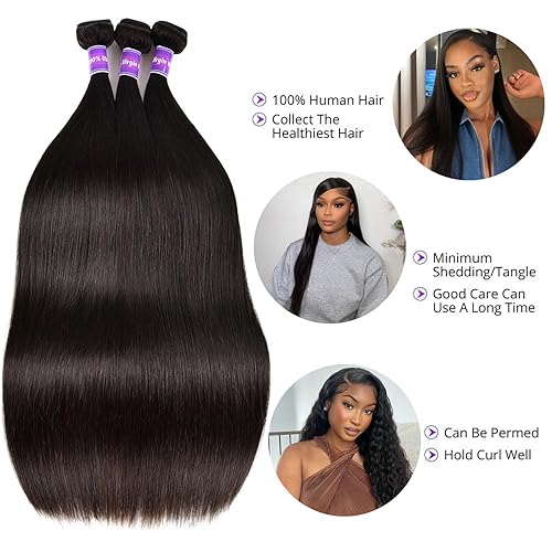 Miniatura 5 de 3 manojos de cabello humano brasileño lacio ondulado grado 10A, cabello virgen Remy sin procesar, 24, 26, 28 pulgadas, paquetes de cabello lacio de