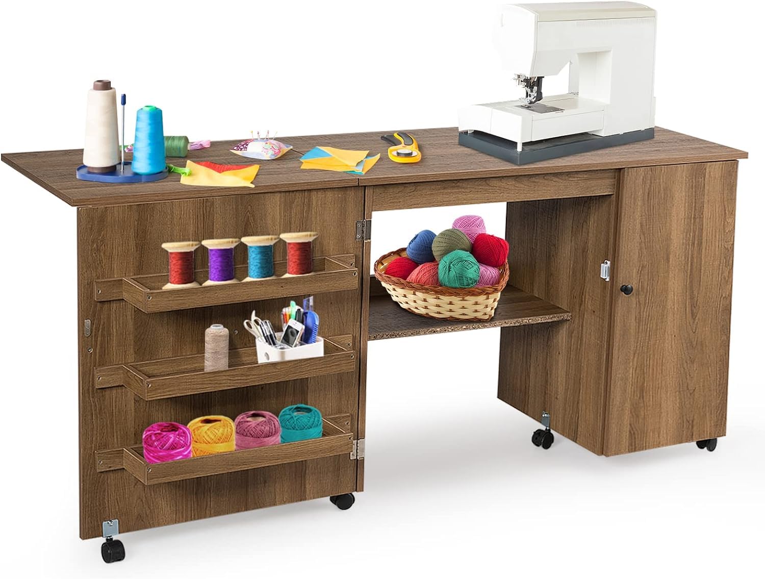 GIANTEX Armario de Costura Plegable con 5 Ruedas y 3 Estantes, Mesa Plegable de Costura con Tabique, Mueble para Máquina de Coser para Dormitorio, Salón y Estudio (Marrón)