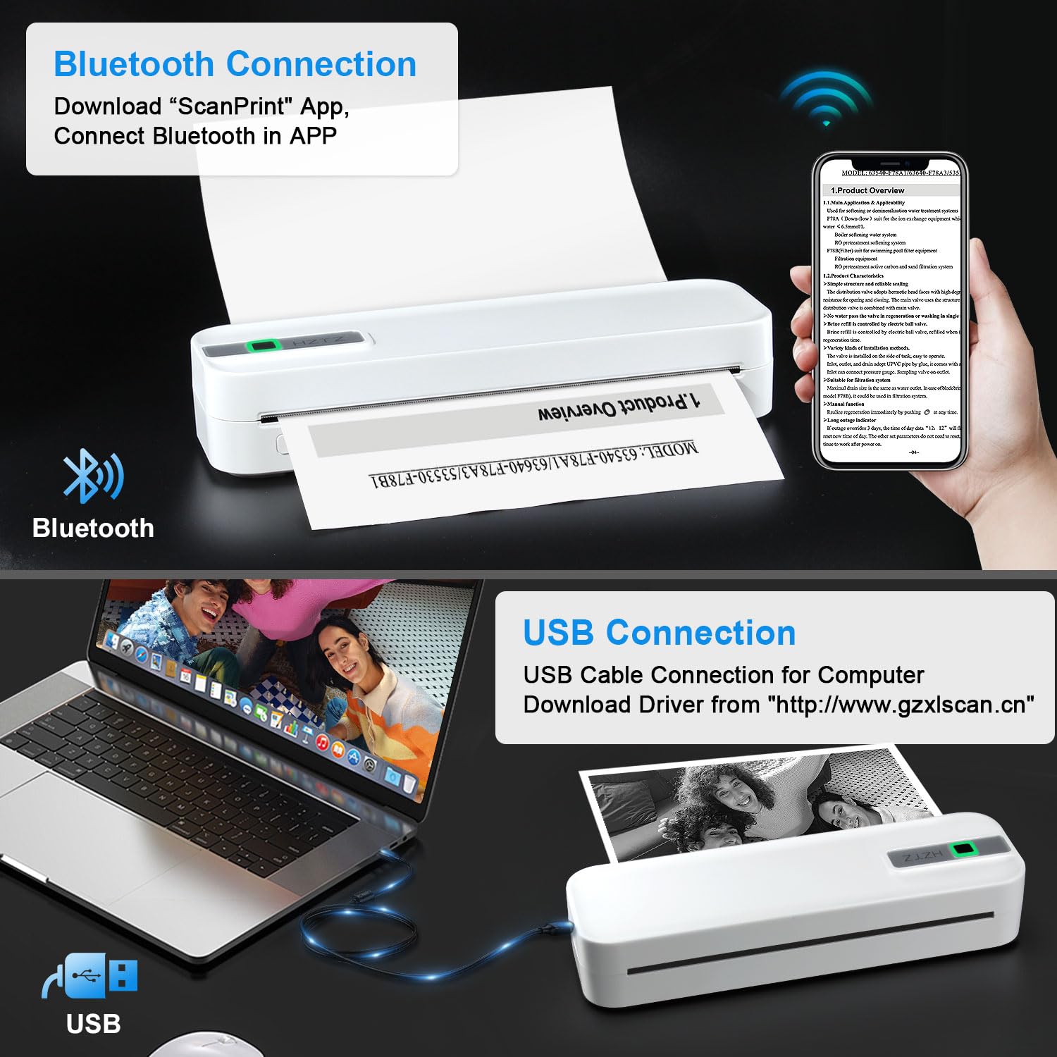 Impresora Portátil Inalámbrica, Impresora Térmica de Viaje, Impresión sin Tinta Bluetooth & USB Soporte de Impresora A4/A5 Papel Térmico, Compatible con Android & iOS Teléfono/Laptop White
