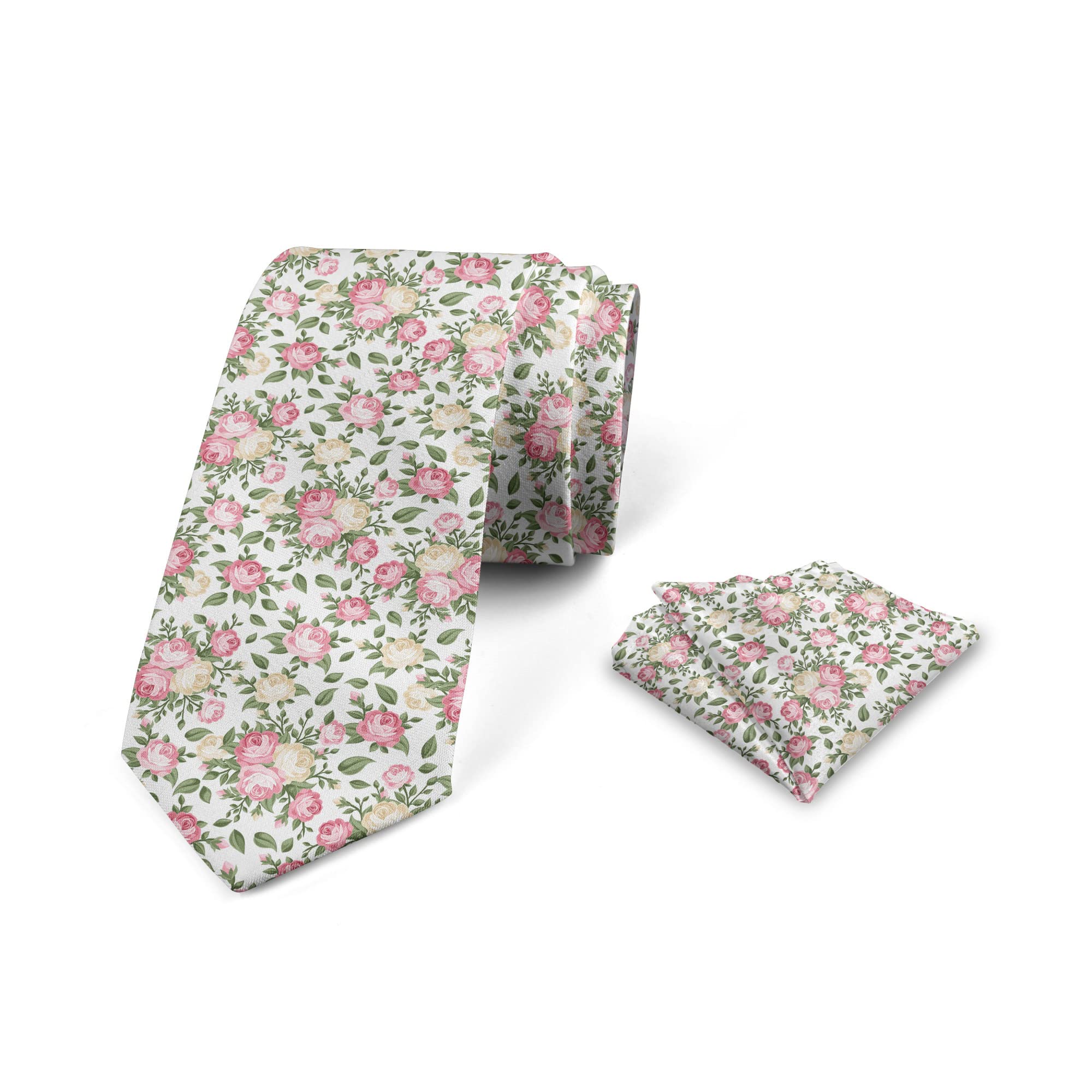 Oudrspo Men's As Pic White Pink Green Tie Set Necktie Set Groom Handkerchief For Parties Weddings & All Occasions