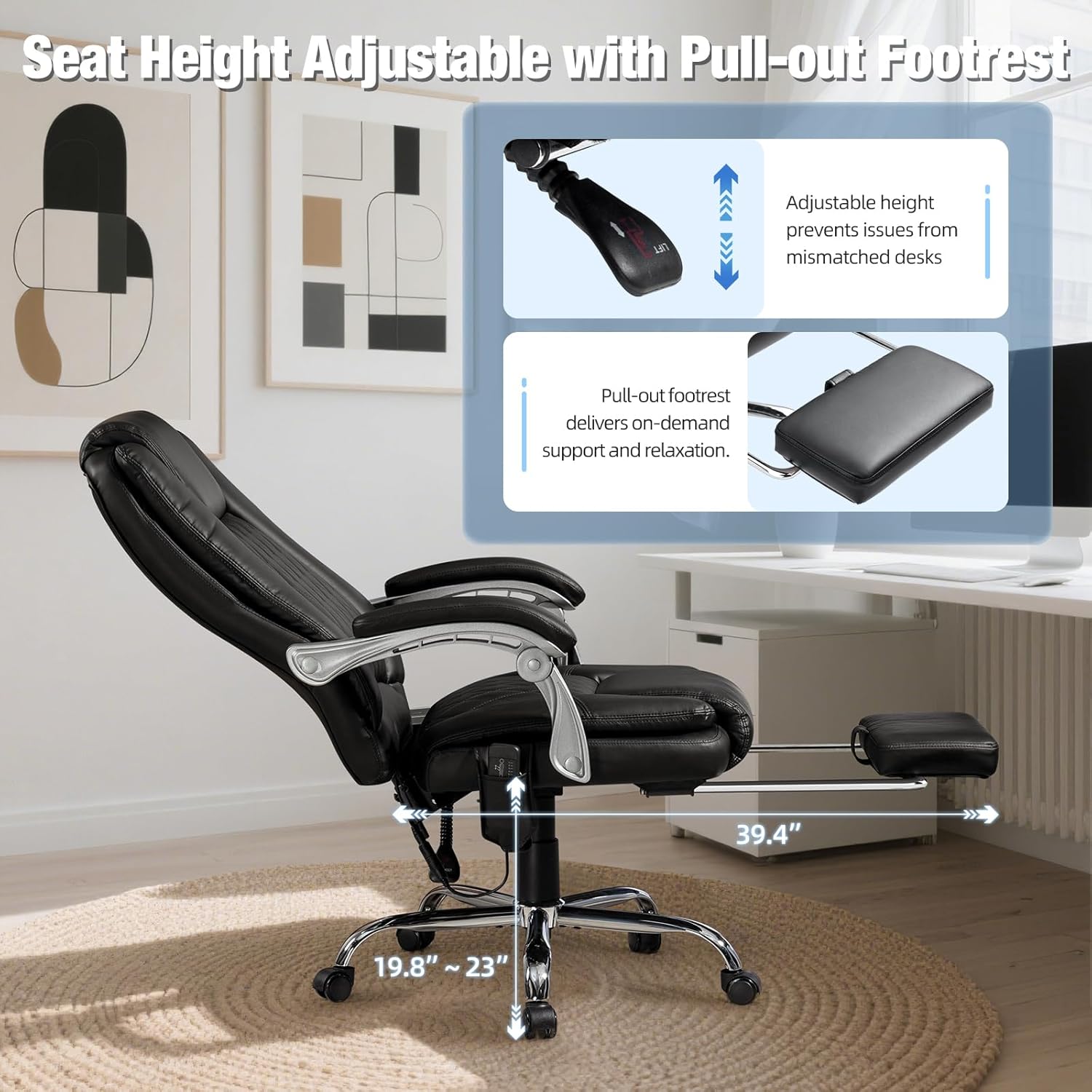 Massage Office Chair with Foot Rest - Ergonomic Executive Chair, High Back Reclining Leather Desk Chair with 135° Recline, 400 LBS, 6-Point Vibration and Heat, Classic