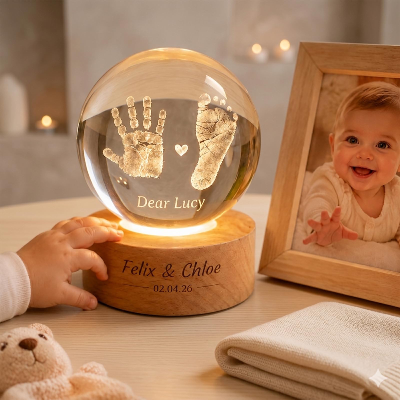 Personalised 3D Crystal Ball, Engraved Photo, Text, Pregnancy Gift for Mum (Baby-Themed Snow Globe)