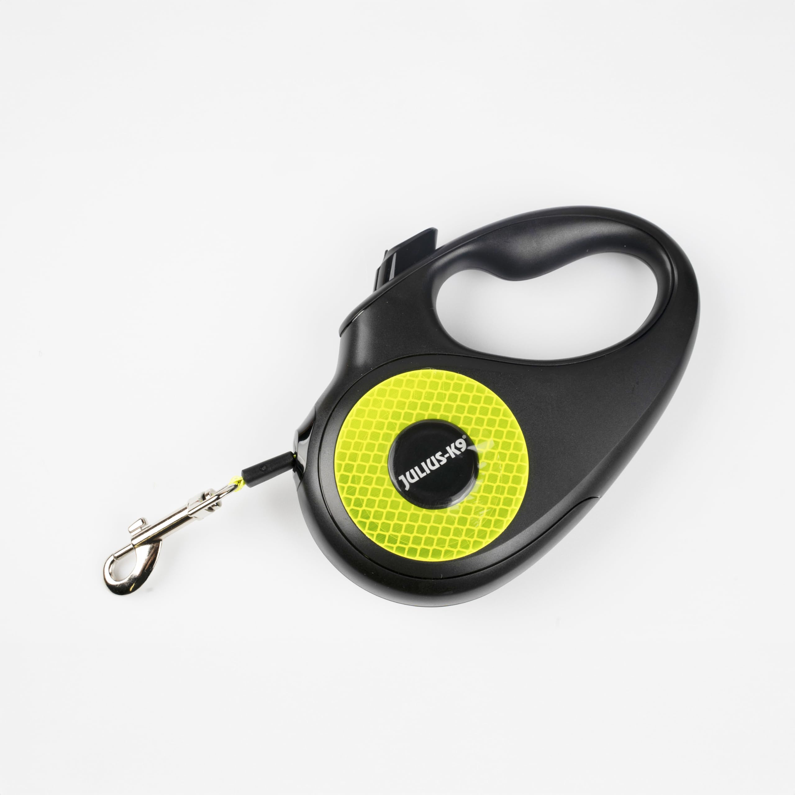 Julius-K9 Retractable Dog Lead, S - 5 m Tape, Black/Neon – anti-slip handle, ribbon leash, extandable, one handed brake, pause, lock, reflective ribbon, tangle free, heavy duty