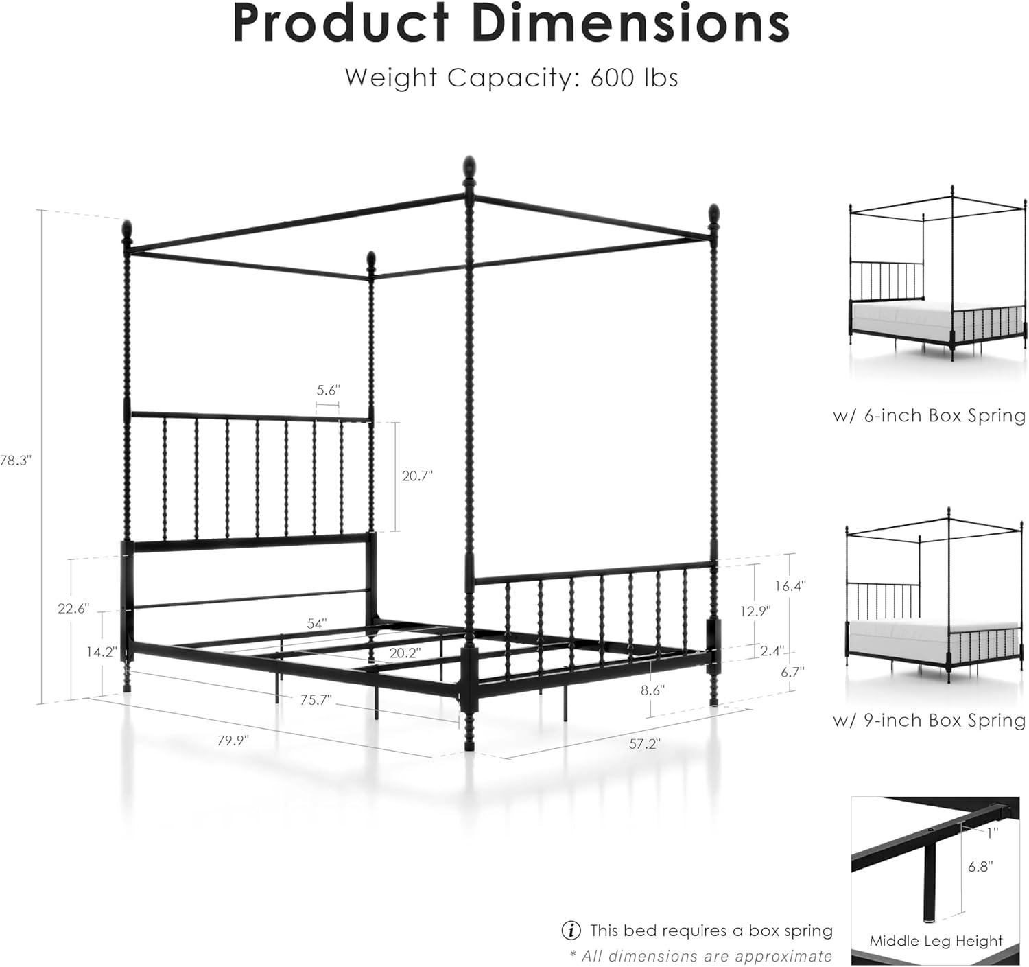 Furniture of America Vaeli Modern Metal Full Size Four Poster Bed Frame with Spindles, Canopy Bedframe for Bedroom, Guest Room, Box Spring Required, Black