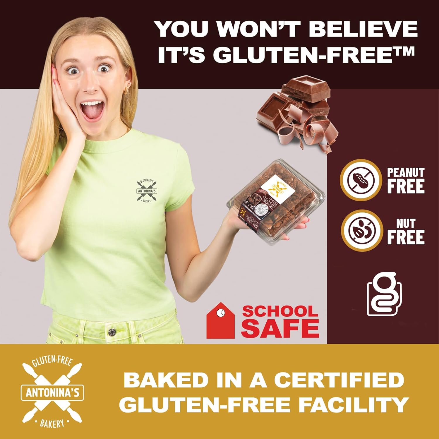 Antonina's Gluten-Free Bakery Double Chocolate Brownies | Certified Gluten-Free | Nut Free | Peanut Free | Taste Homemade | Eight 4-Packs (32 Brownies)