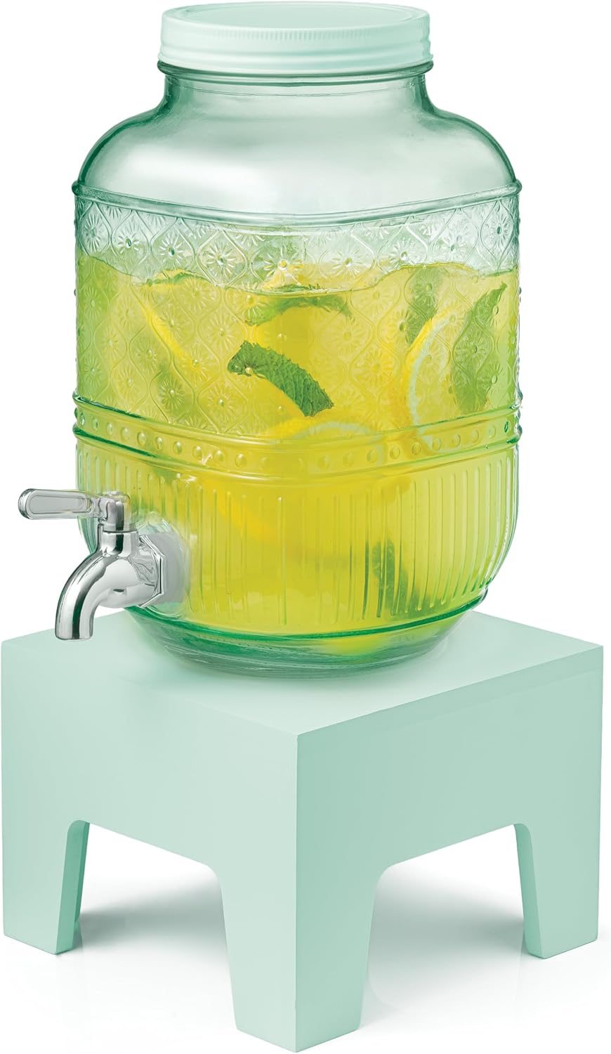 Beverage Dispenser 1 Gallon, Glass Drink Dispenser with Wooden Base Stand, Wide Mouth Jar for Lemonade, Iced Tea, Infused Water, Vintage Kitchen Decor