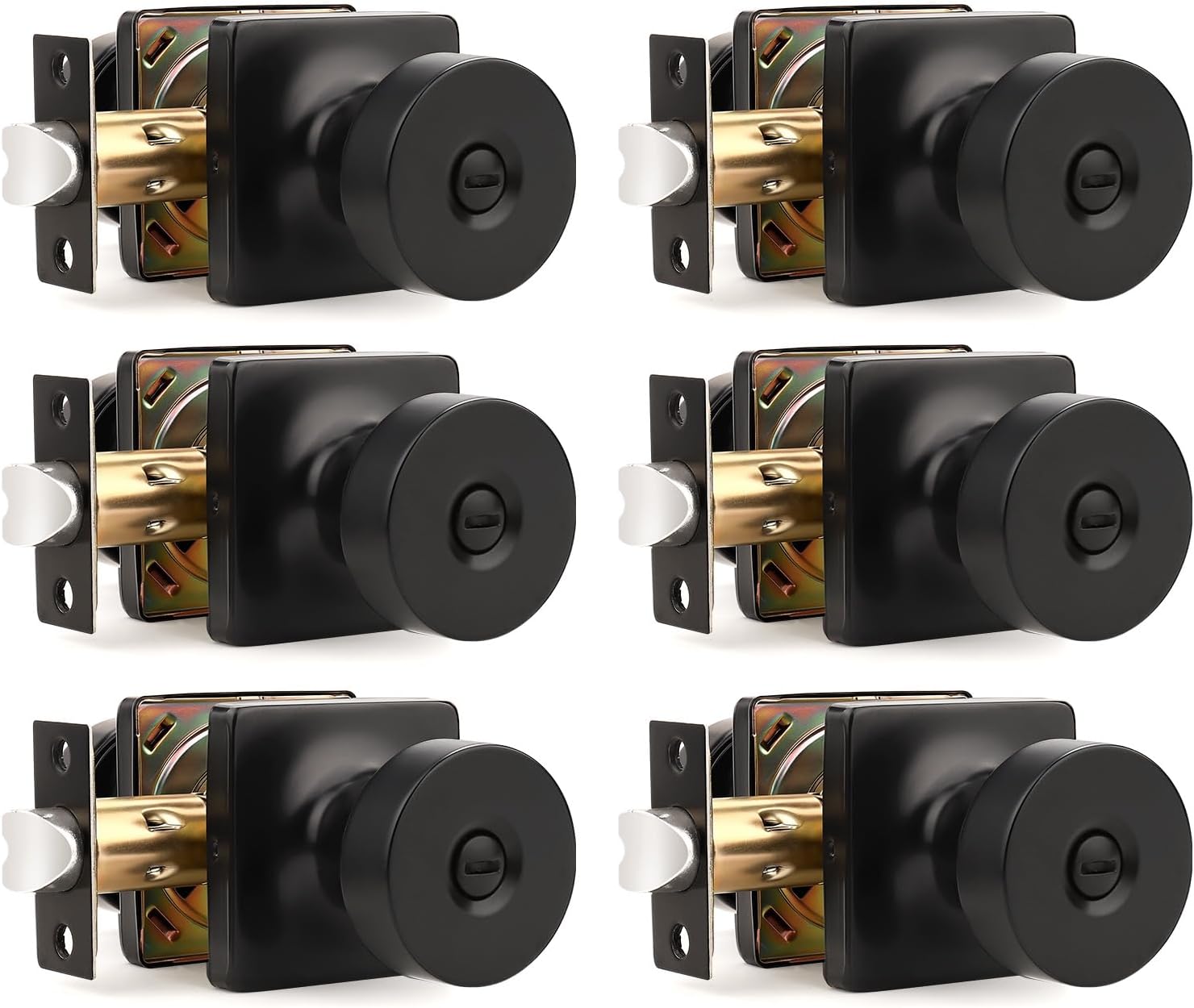 Orger 6 Pack Black Door Knobs Interior, Zinc-Alloy Matte Black Keyless Door Knob with Lock, Heavy Duty Privacy Square Door Knob for Bathroom and Bedroom