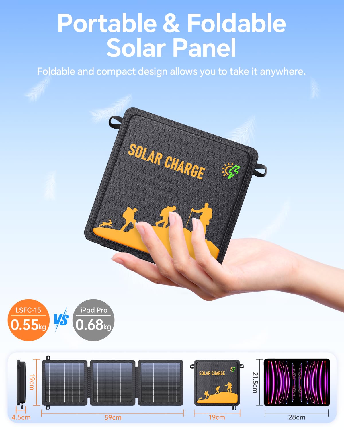 15W Solarpanel Faltbar mit 24% Wirkungsgrad, Wasserdichtes IPX4 Solarladegerät, Dual USB-C & USB-A Ausgang (5V/2A) für Smartphone, Powerbank, Tablet, Ideal für Camping, Wandern, Outdoor Aktivitäten