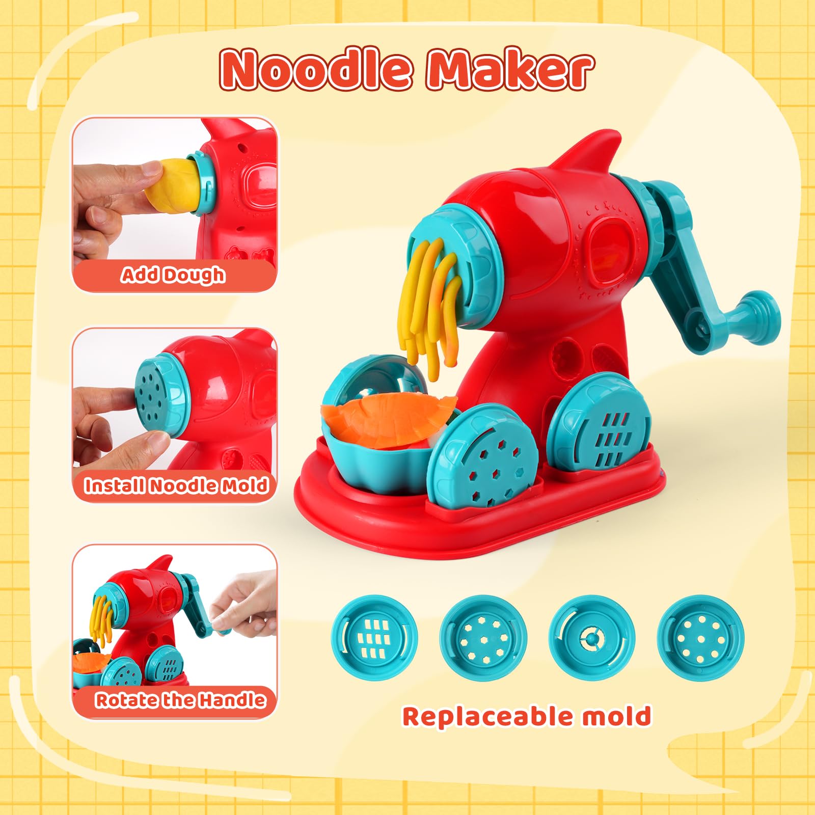 Juego de creaciones de cocina de masa de color 3 en 1 para niños de 3 a 8 años, juego de masa de 24 colores con fabricantes de helados, fideos y hamburguesas, modelado de alimentos, manualidades 5