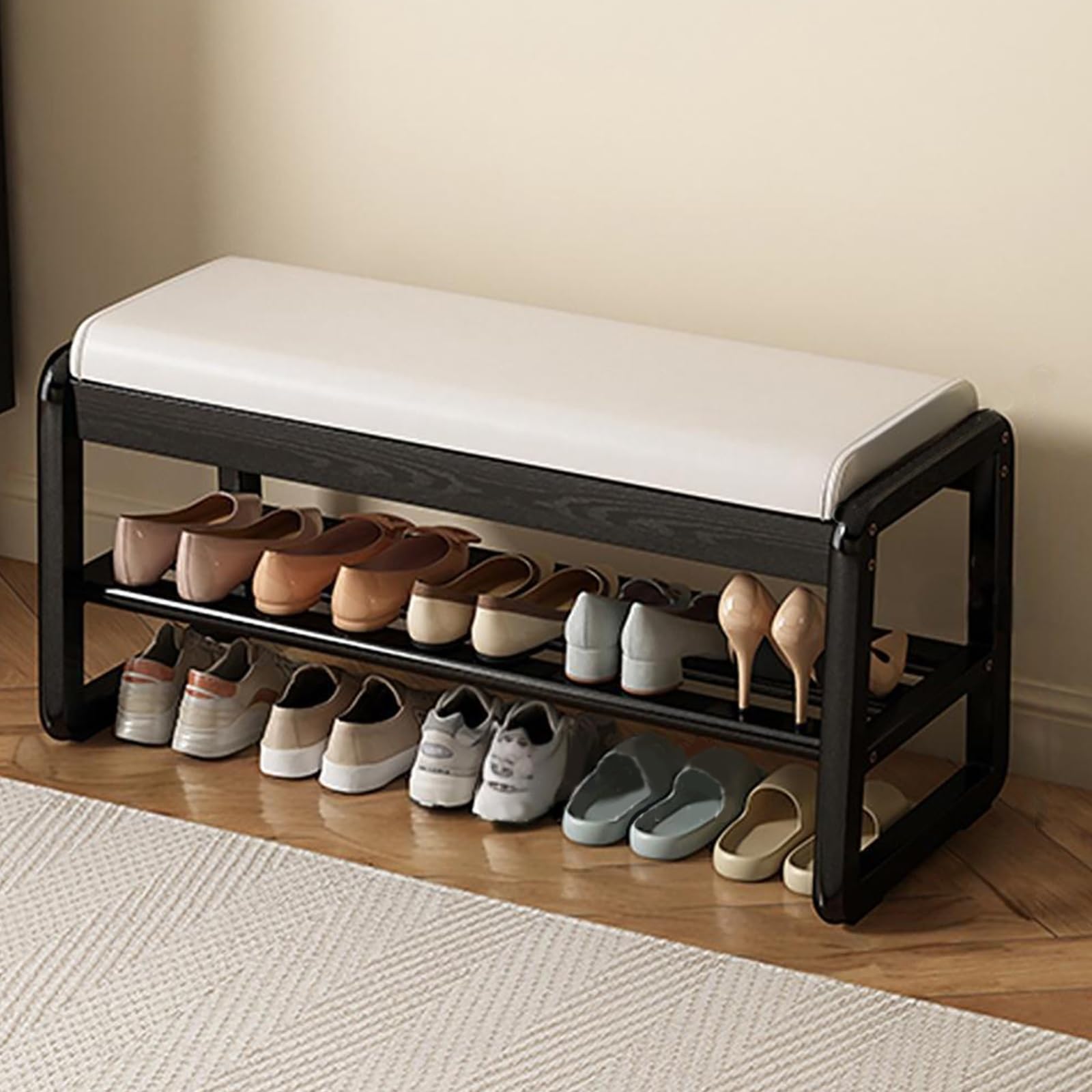 WJFTODAY Modern Rubberwood Shoe Bench with Leather Cushion 2 Tier Storage Ottoman for Entryway Bedroom Living Room Hallway Stylish Narrow Foot Stool