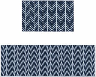Navy Blue Geometric Kitchen Rugs Set of 2, Modern Pure Color Abstract Striped Washable Bath Shower Door Welcome Runner Rug Mat Carpet for Bedroom Bathroom Throw Desk Rug, 20"x 32"+ 20"x 47"