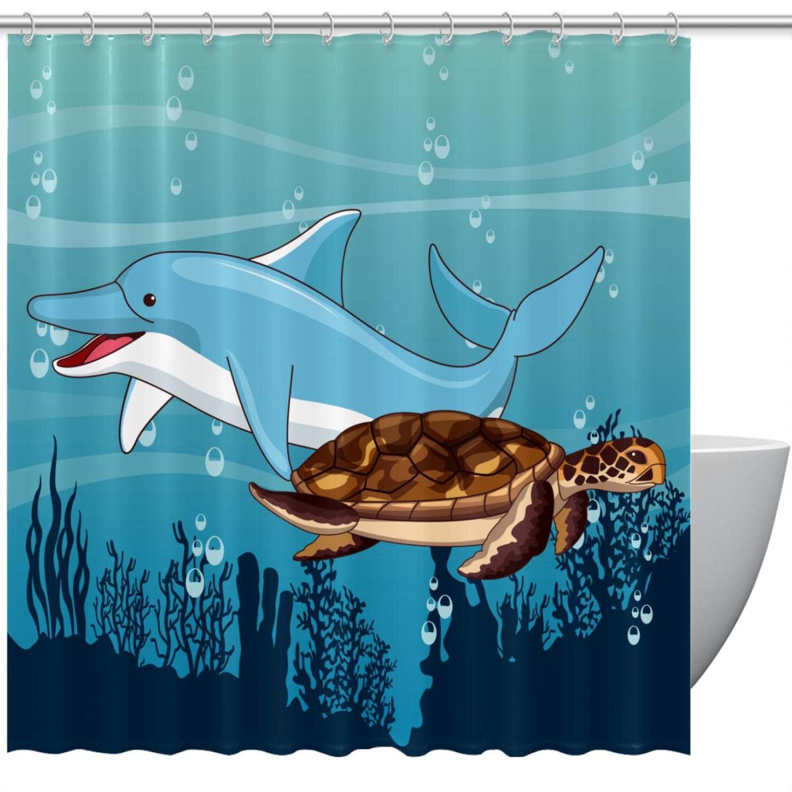Rideau de douche imperméable anti-moisissure coloré dauphin et tortue décor de bain durable