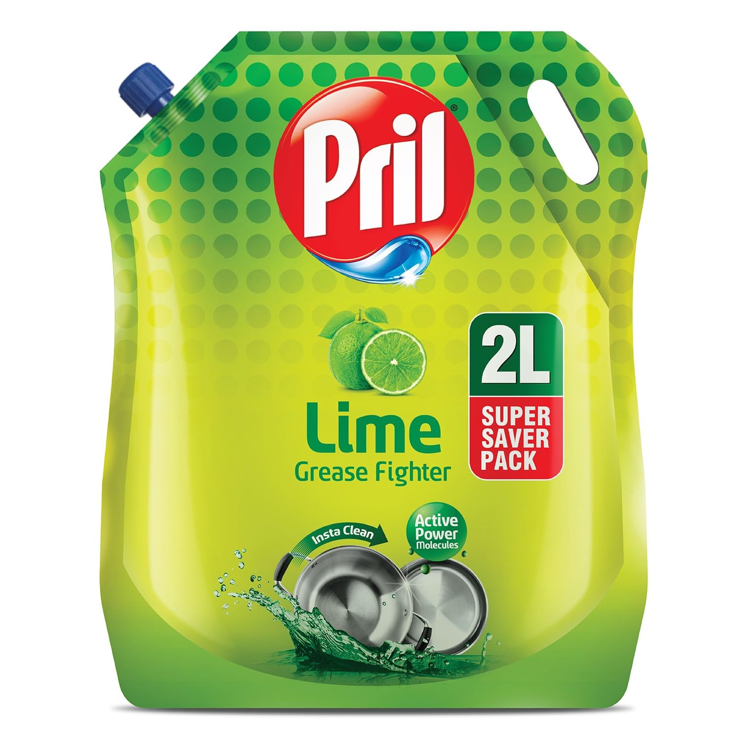 Pril Lime Liquid Dishwash Gel - 2 L Pouch | Dish Cleaning Liquid Gel with German Technology - Active Power Molecules Leaves No Residue, Grease Cleaner For All Utensils