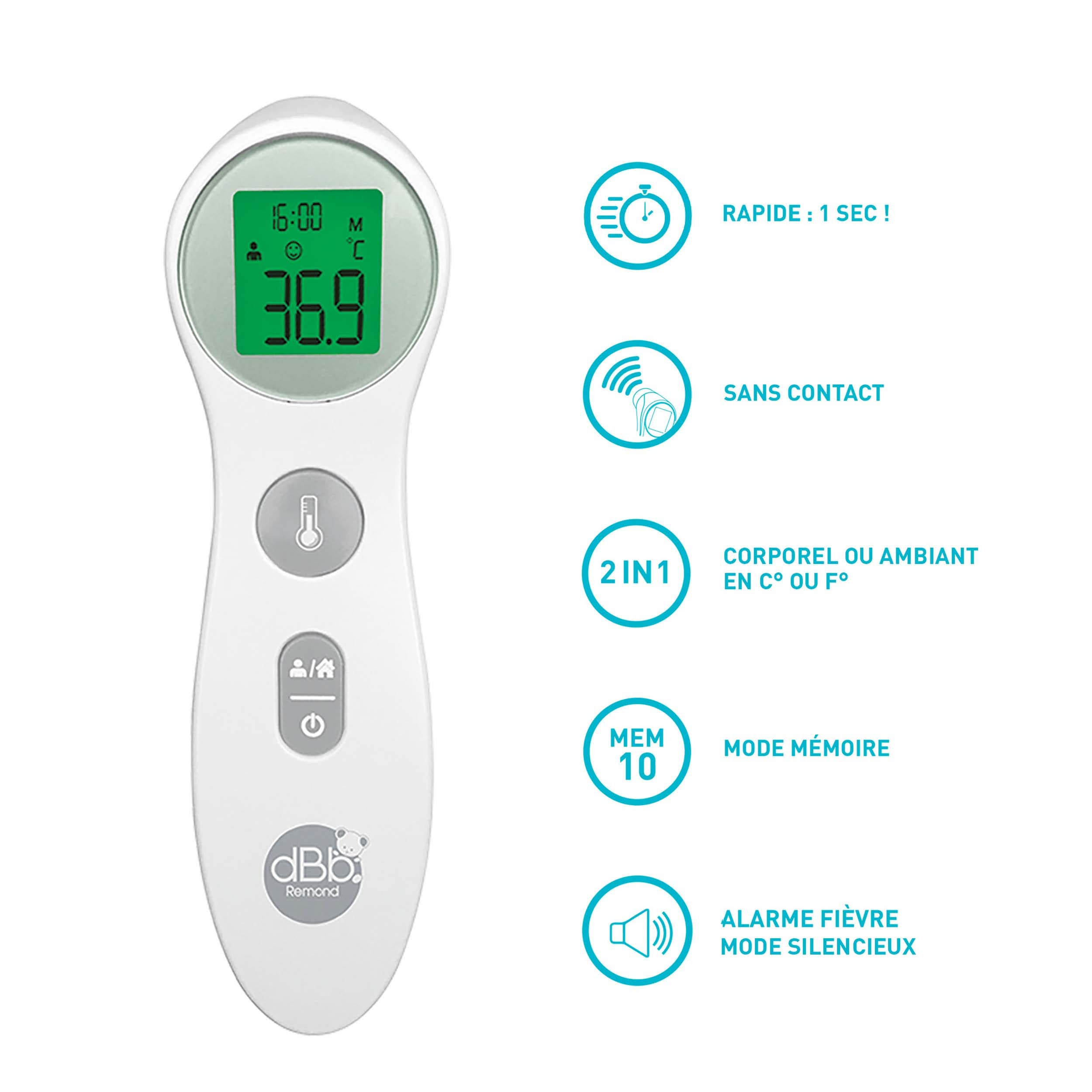 dBb Remond Thermomètre Frontal Sans Contact, Thermomètre Infrarouge Bébé & Adulte, Thermomètre Médical Numérique, Prise de Température Précise et Rapide - Écran LCD