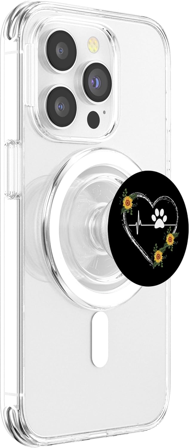 Paw Print Heartbeat With Sunflower Heart On Black PopSockets MagSafe PopGrip for iPhone