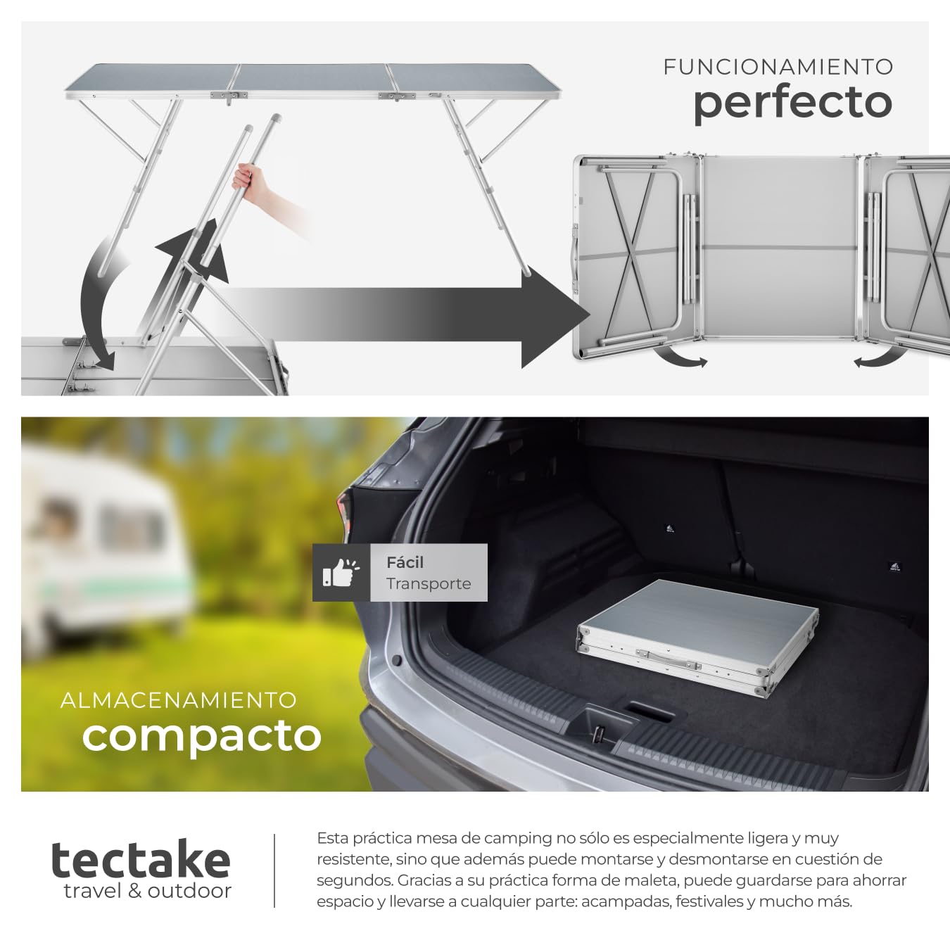 tectake® Mesa Plegable Aluminio, Mesa Camping Plegable con Altura Ajustable, Mesa Jardín Exterior con Asa de Transporte, Resistente a Intemperie, Ideal Acampadas, Jardín, Terraza, Picnic, 180x70x70cm