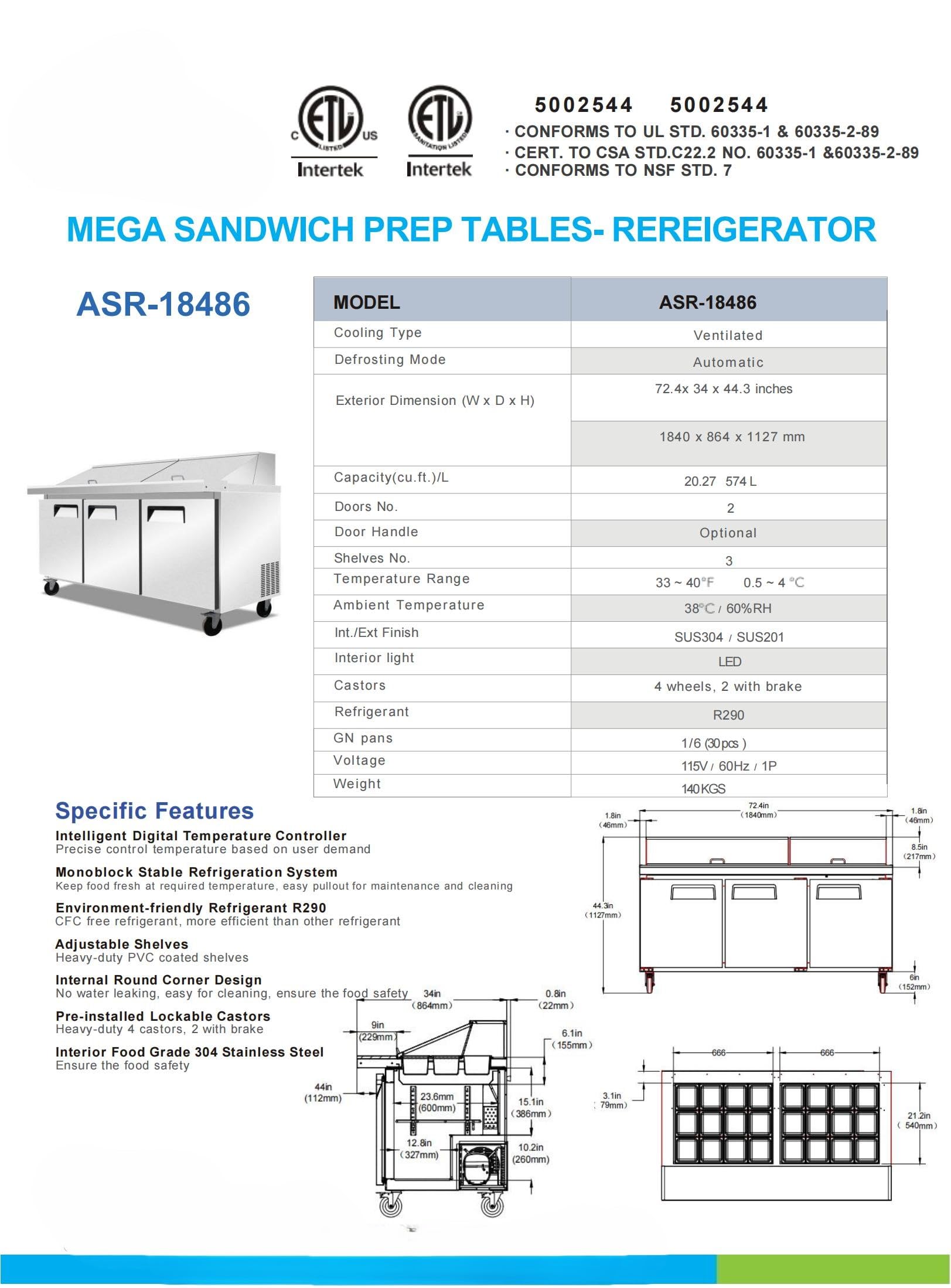 Commercial Sandwich Prep Table, Refrigerated, Mega Top, 72.4 inch Width, 3 Doors, Digital Temperature Control, 20.27 cu. ft., ASR-18486
