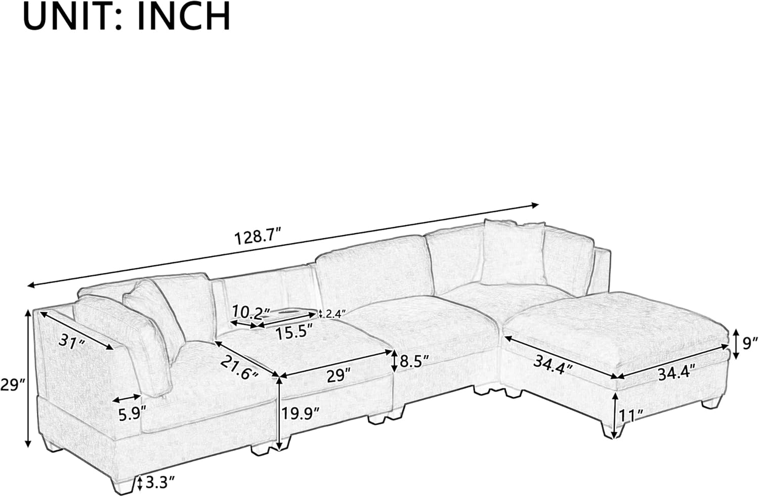 kevinplus 128.7'' Modular Sectional Sofa Couch with Removable Storage Ottoman for Living Room, Modern Contemporary 5-Seat L-Shaped Upholstered Sofa Couch, Hidden Cupholder & Polyester Fabric, Beige