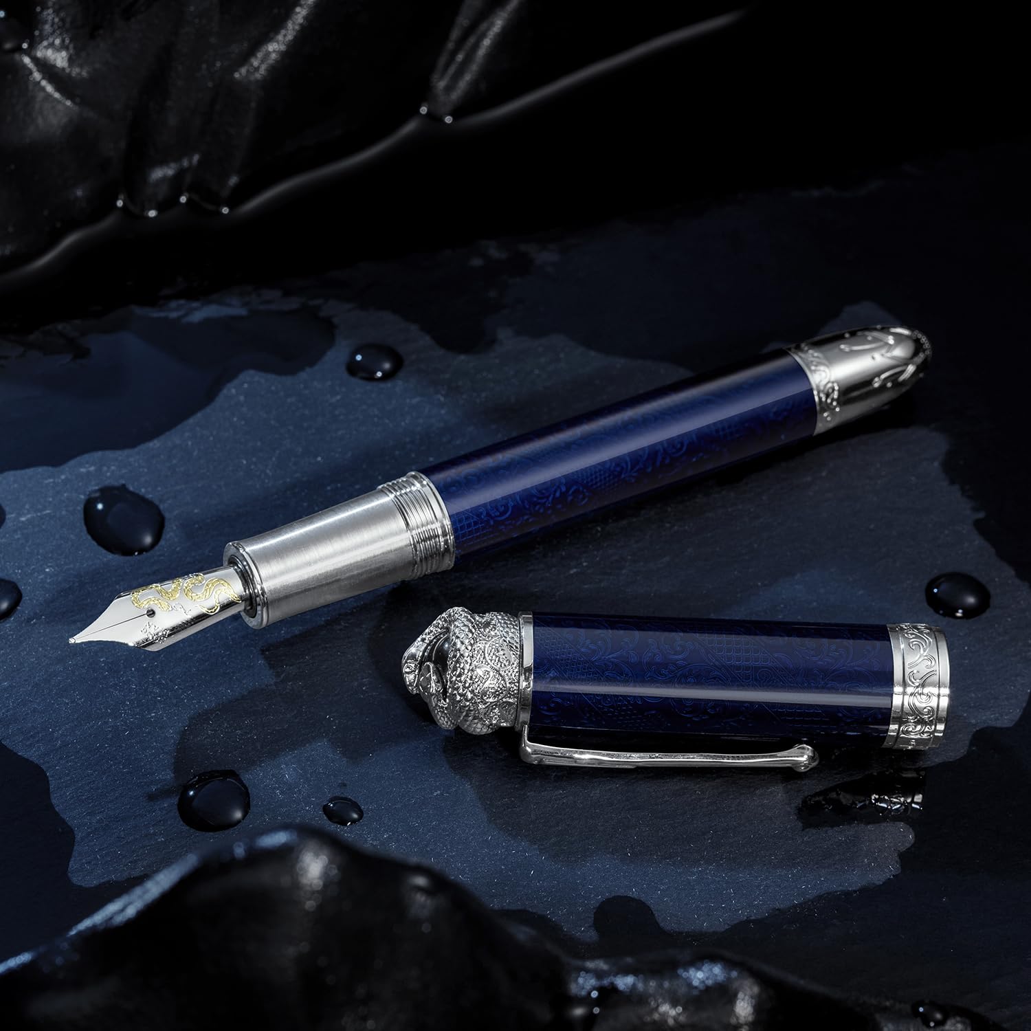 HONG DIAN N25 Piston Fountain Pen, Fine Nib Snake Stereoscopic Carving Design with Metal Case Set (Ocean Blue) - Image 4