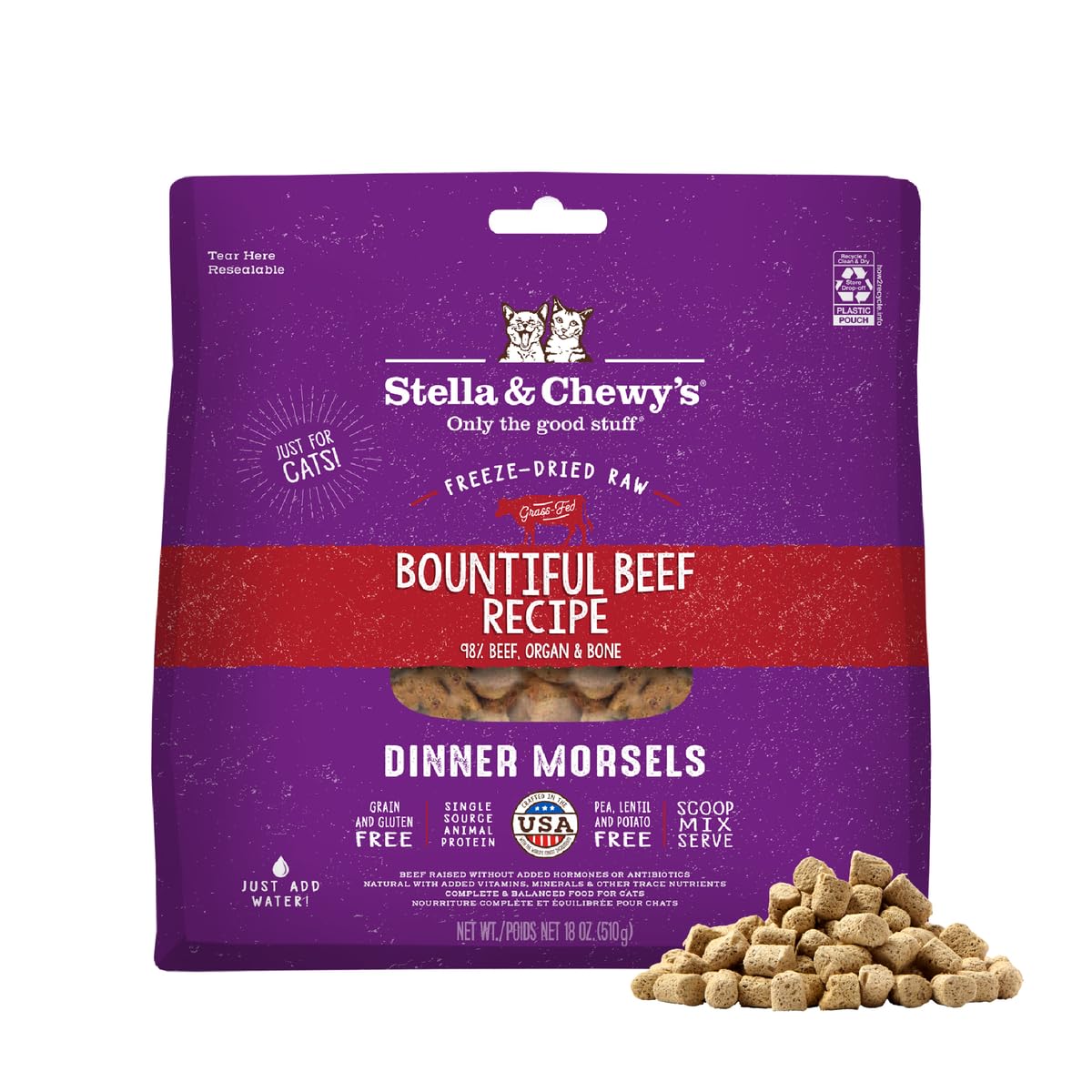 Stella & Chewy's Freeze-Dried Raw Cat Dinner Morsels - Premium Beef Recipe with 98% Grass-Fed Meat & Organs - Natural Grain-Free Cat & Kitten Food -