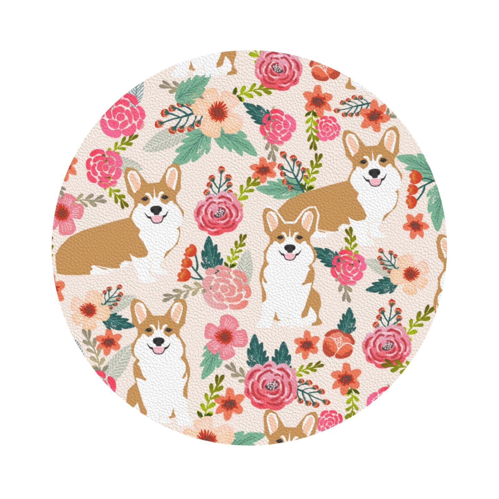 Corgi Floral Flowers PU Leather Coasters Set of 6 Round Drink Coasters