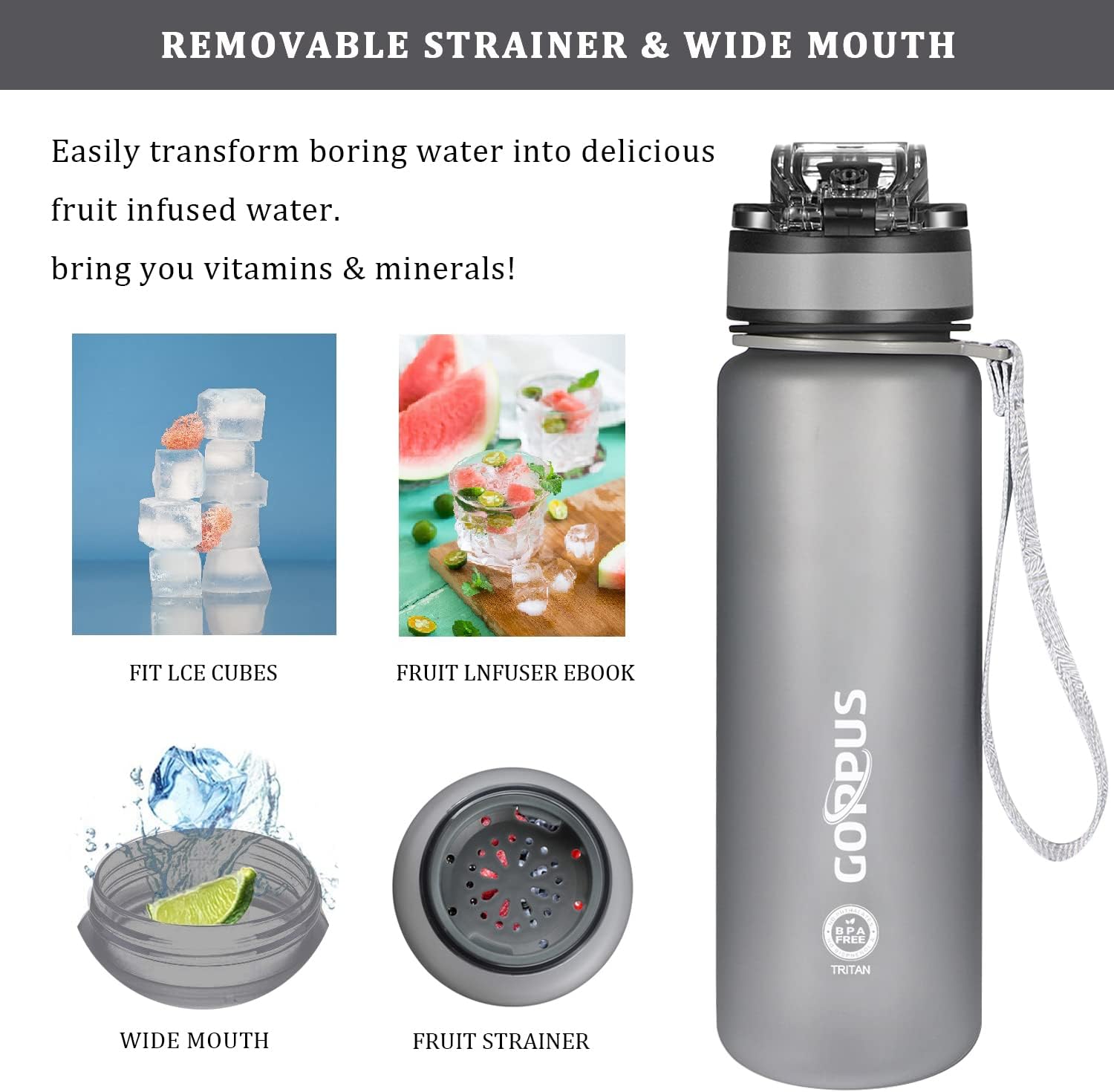 GOPPUS 500ml/17oz Kids Water Bottles with Straw Tritan Childrens Bottle with Flip Top Lid BPA Free Measured Drinks Bottle with Strap Sports Reusable Time Markings Leakproof (Gray) - Image 4