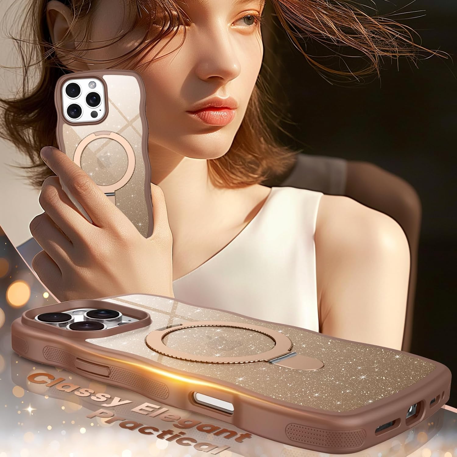 BENTOBEN for iPhone 16 Pro Max Case with Stand, Clear Crystal Glitter Cute Curly Wavy 16 ProMax Phone Case Compatible with MagSafe, Magnetic Ring Kickstand Shockproof Anti-Slip Cover, Desert Titanium - Image 7