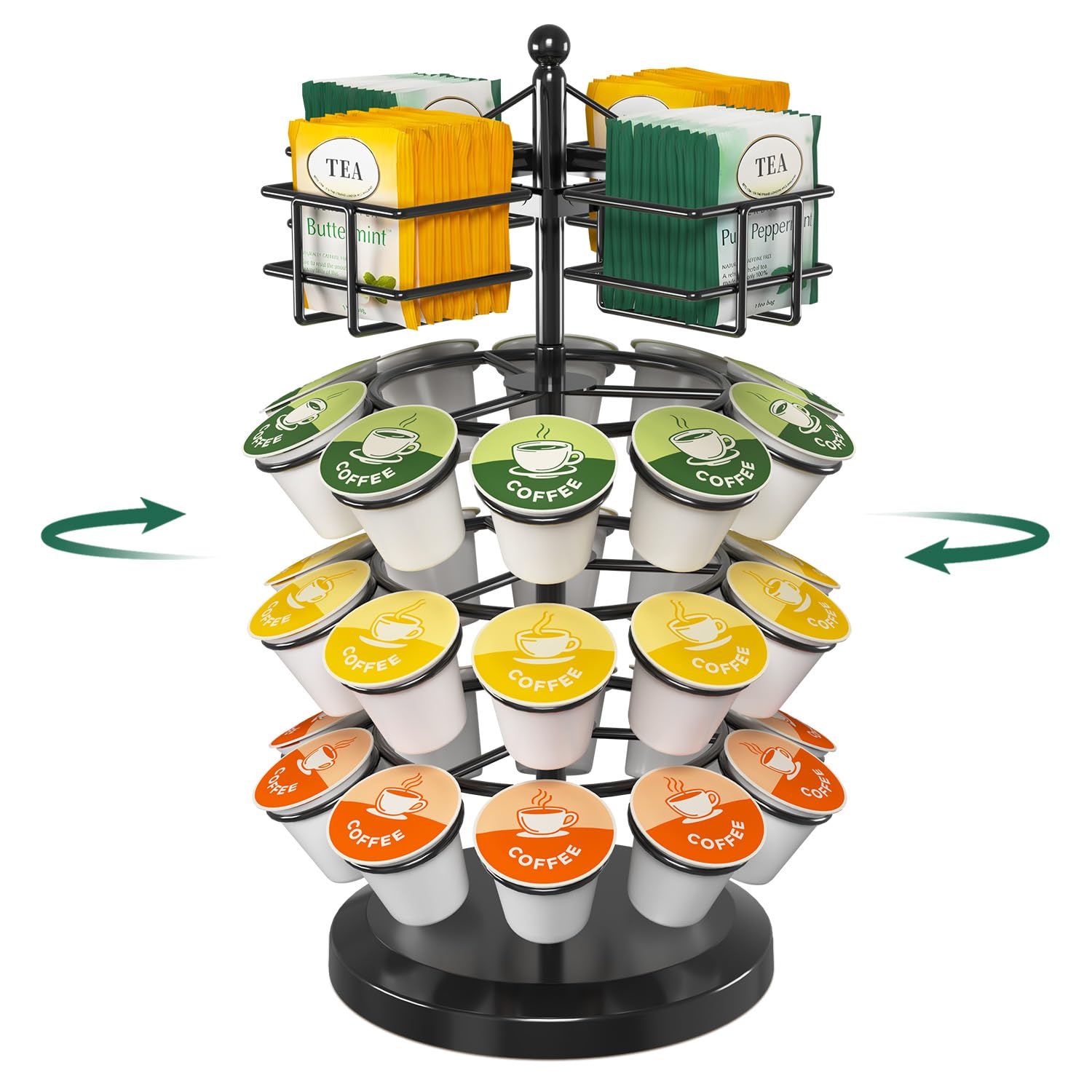 EsLuker.ly K Cup Holder Coffee Pod Organizer Carousel for Countertop, Rotatable Metal 4-Tier Storage Rack Stand for 30 K Cups &amp; Tea Bags, Convenience Meets Elegance