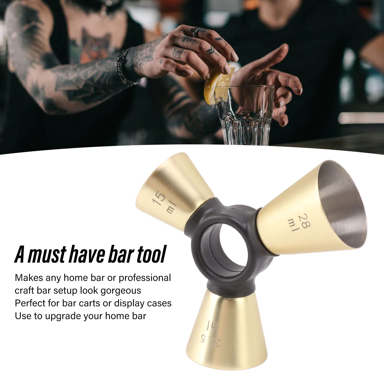 MISNODE 3 End Bar Measuring Cup, Stainless Steel Measuring Cup Ergonomic Wine Measuring Device Cocktail Jigger Bar Measuring Jigger Wine Mixing Tools for Home Kitchen Bar(Gold)