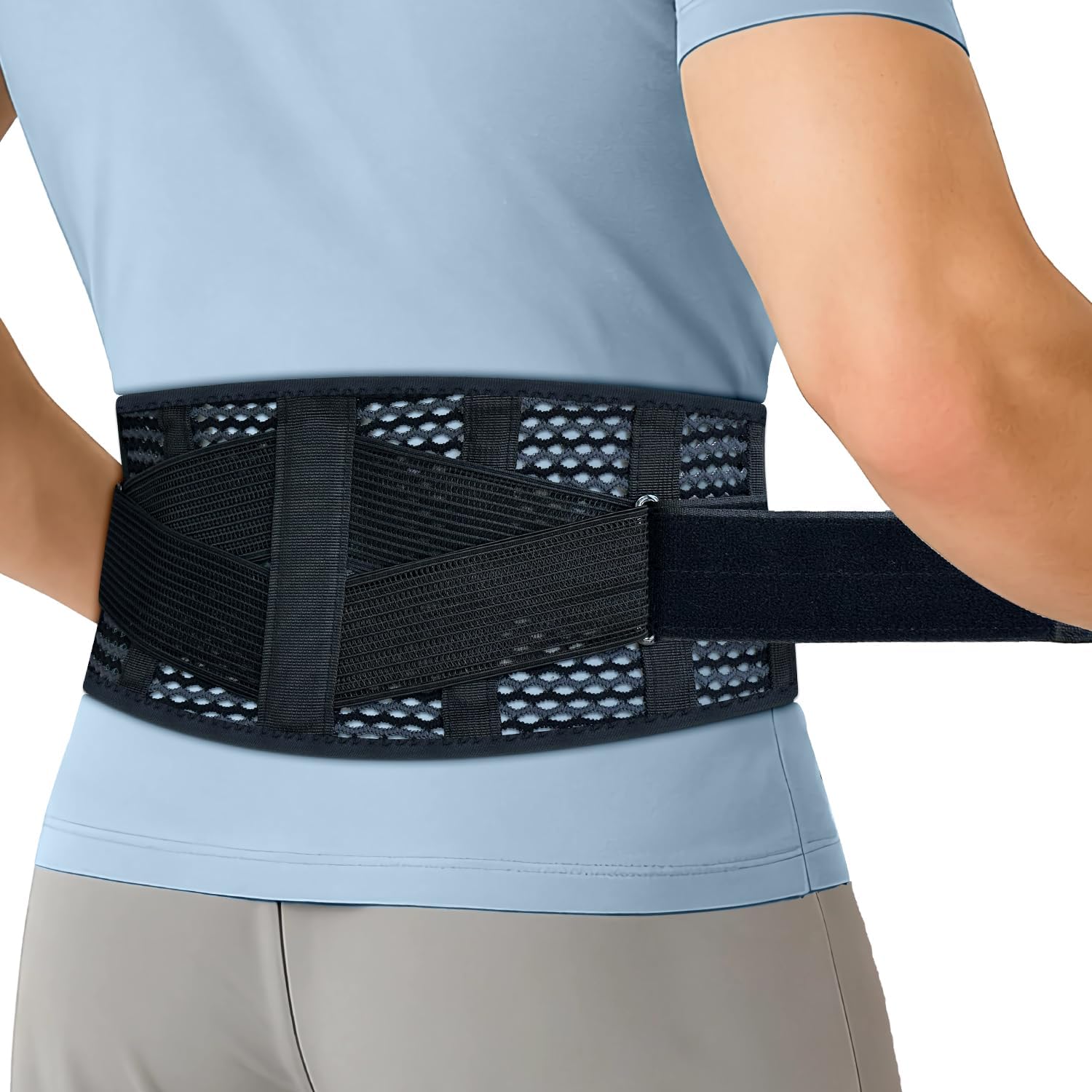 Atmungsaktive Rückenbandage bei Schmerzen im unteren Rücken – leichte Lendenstütze aus 3D-Luftmesh mit doppelt verstellbarem Zugsystem – laches Design für Autofahren - M