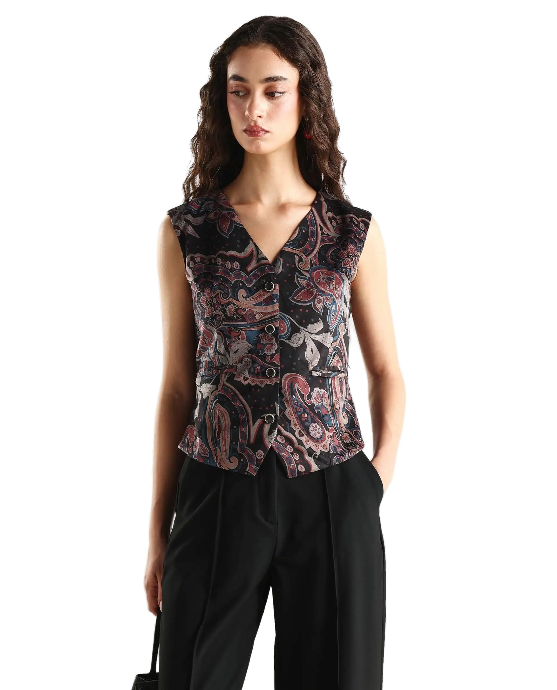 rareism Fitted Paisley Black Velvet Sleeveless V-Neck Coat-picture-51