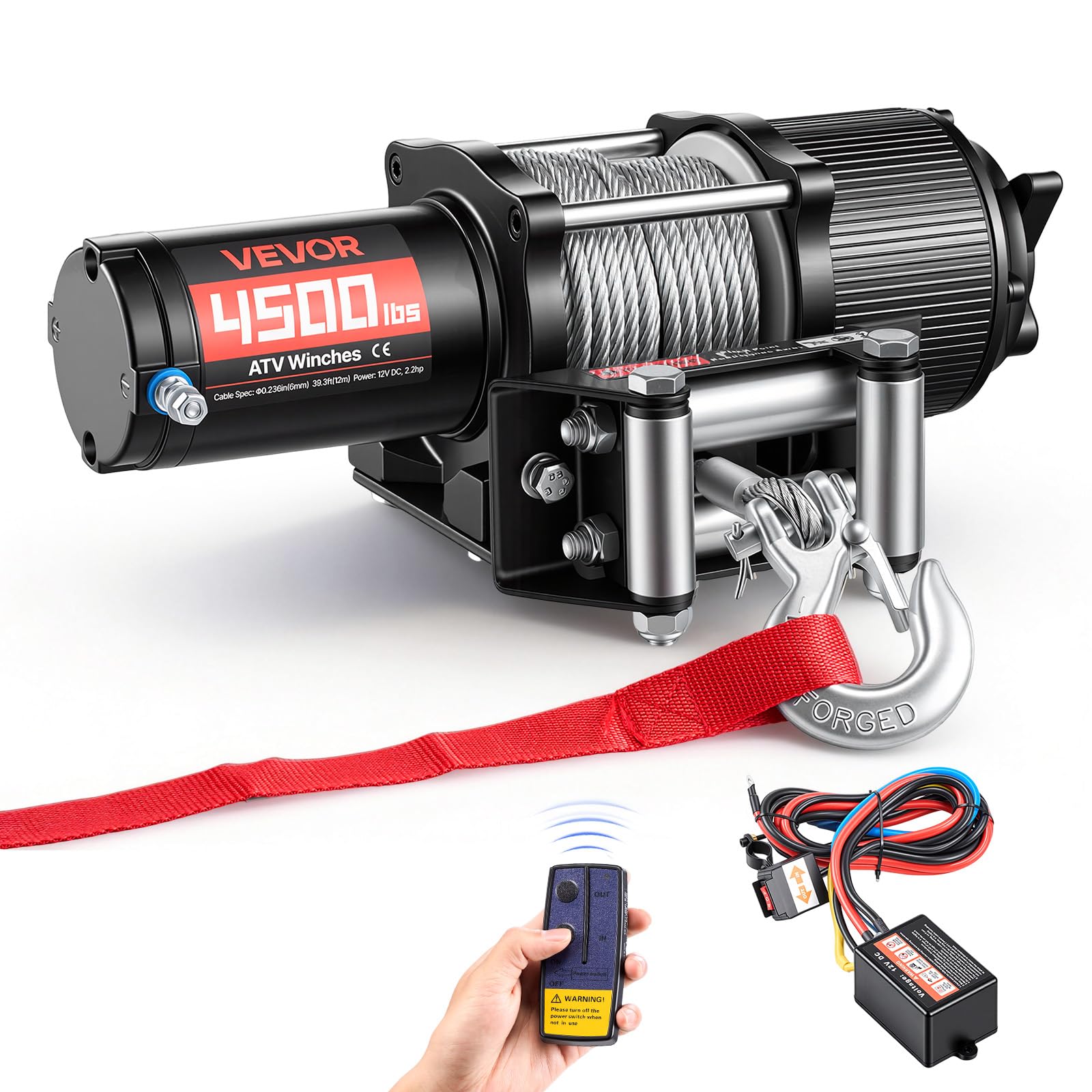 VEVOR Verricello Elettrico con Cavo da 2041 kg, Verricello Elettrico da 12 V CC per ATV/UTV con Cavo in Acciaio Ø 6 mm x 12 m, Telecomando Wireless e Cablato, Protezione IP54, per Recupero Stradale