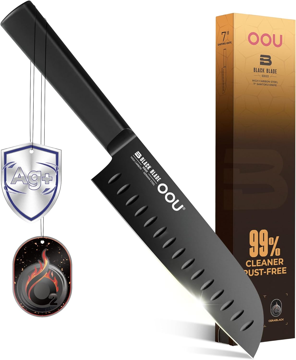 OOU® Black Blade 7 Inch Santoku Knife with AgShield™ & Cerablack™ Technology, Rust-Resistant & Easy-Clean Finish, Japanese Style Hollow Edge for Dicing & Mincing