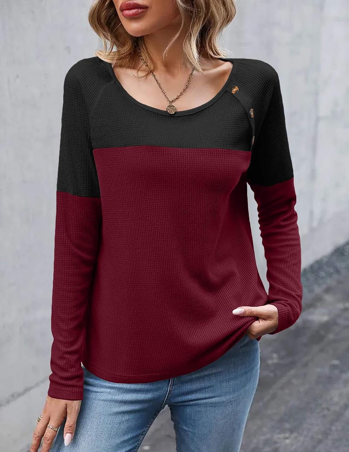 Zeagoo Women Waffle Knit Shirts Long Sleeve Colorblock Tee Button Detail Tunics