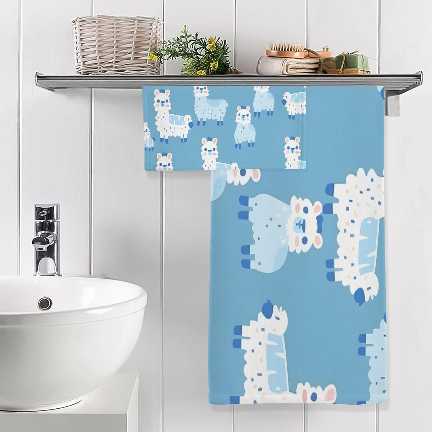 Hand Towels Premium Soft and Highly Absorbent Blue Alpaca 2 Pcs Towels for Bathroom Set 100% Cotton Decorative Face Towels