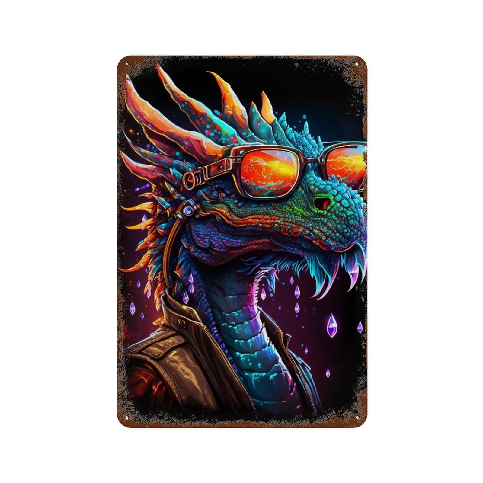 Dragon Sunglasses Fantasy Artwork 11.8"x7.9" Rust Effect Tin Sign, Old School Wall Decor for Pub, Kitchen And Man Cave Decor