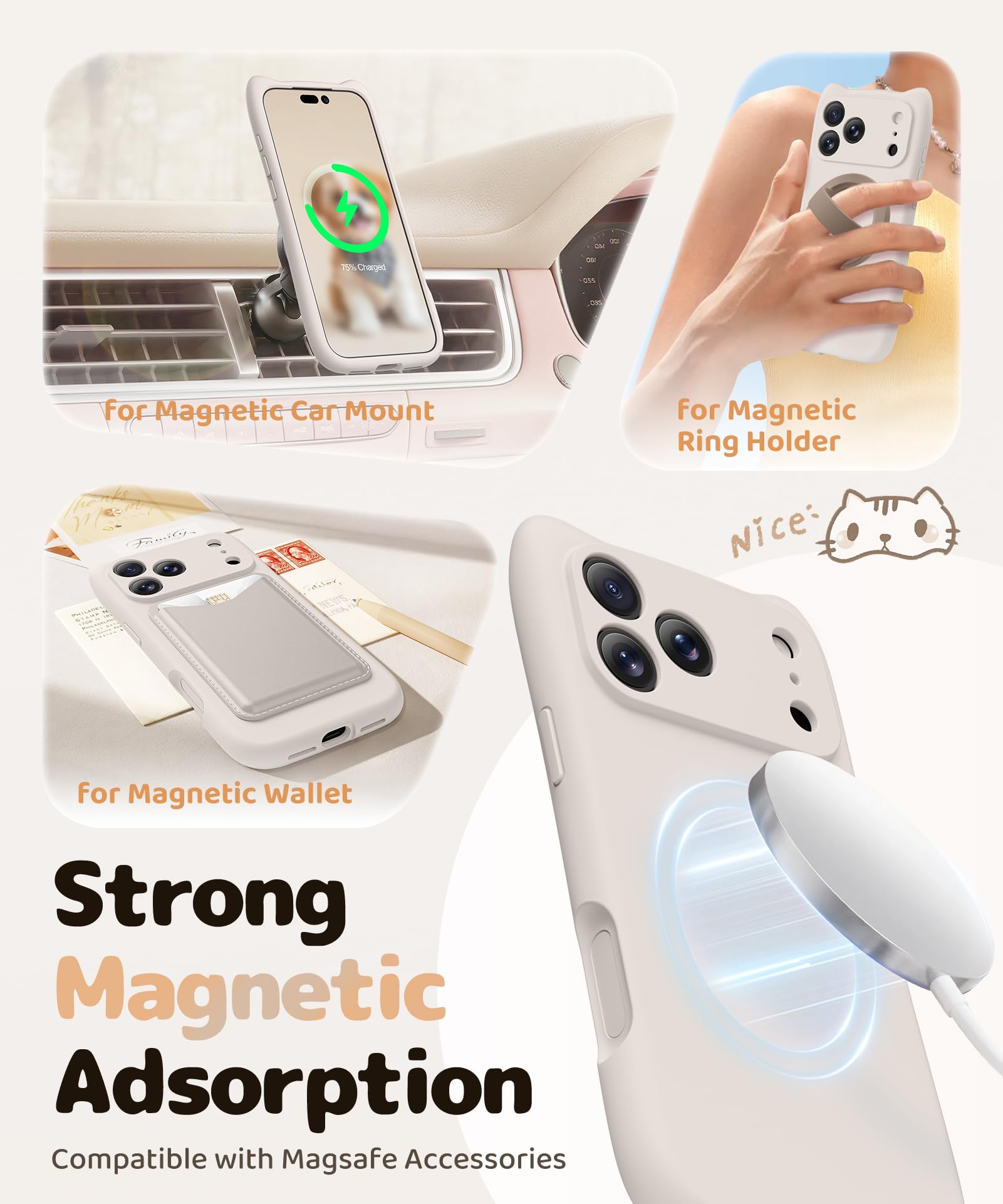 GolbinBox Funda magnética para iPhone 17 Pro Max, compatible con MagSafe, protección completa de la cámara, funda de silicona líquida con bonita oreja de gato, funda de cuerpo completo a prueba de